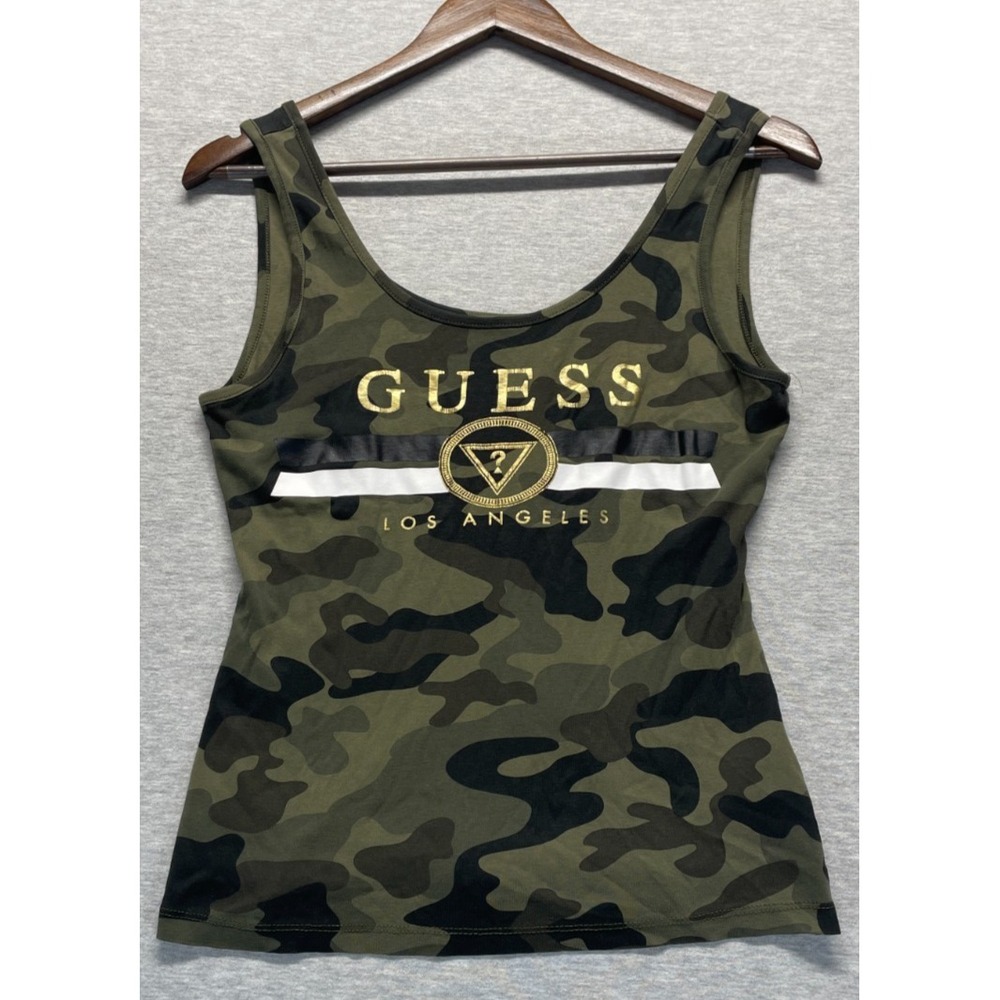 Guess Cropped Tank Top Womens Medium Green Camouflage Wide Straps Scoop Neck